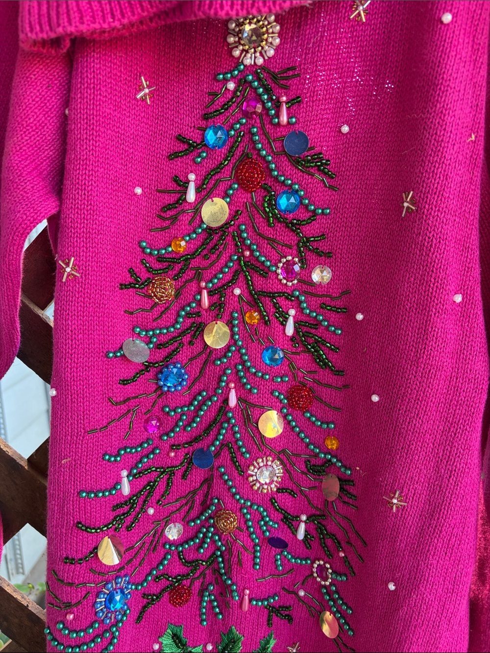 RAMIE cotton Fuchsia Embellished Christmas Tree Sweater vintage